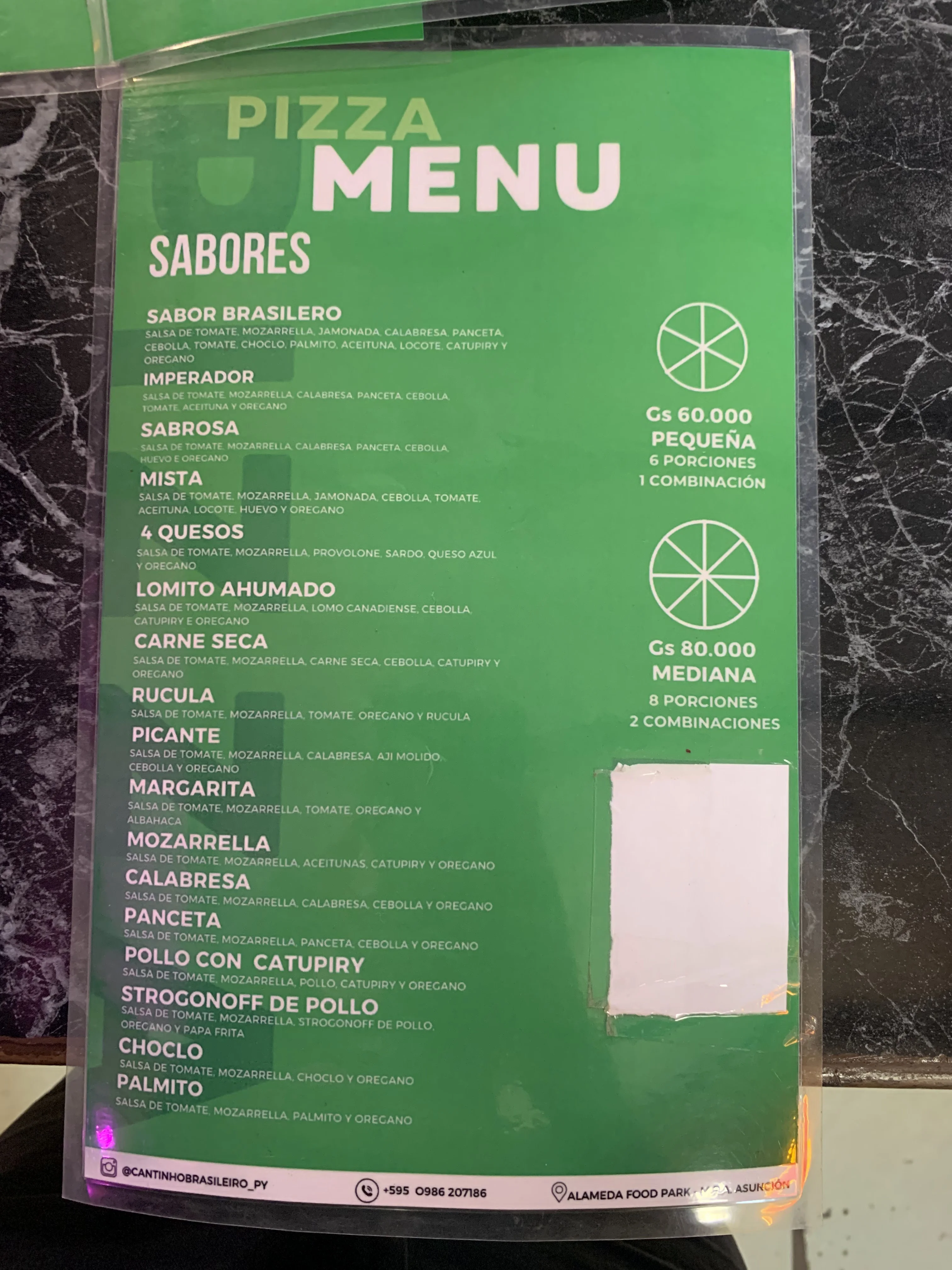 Menú de Cantinho Brasileiro Pizzería — página 1